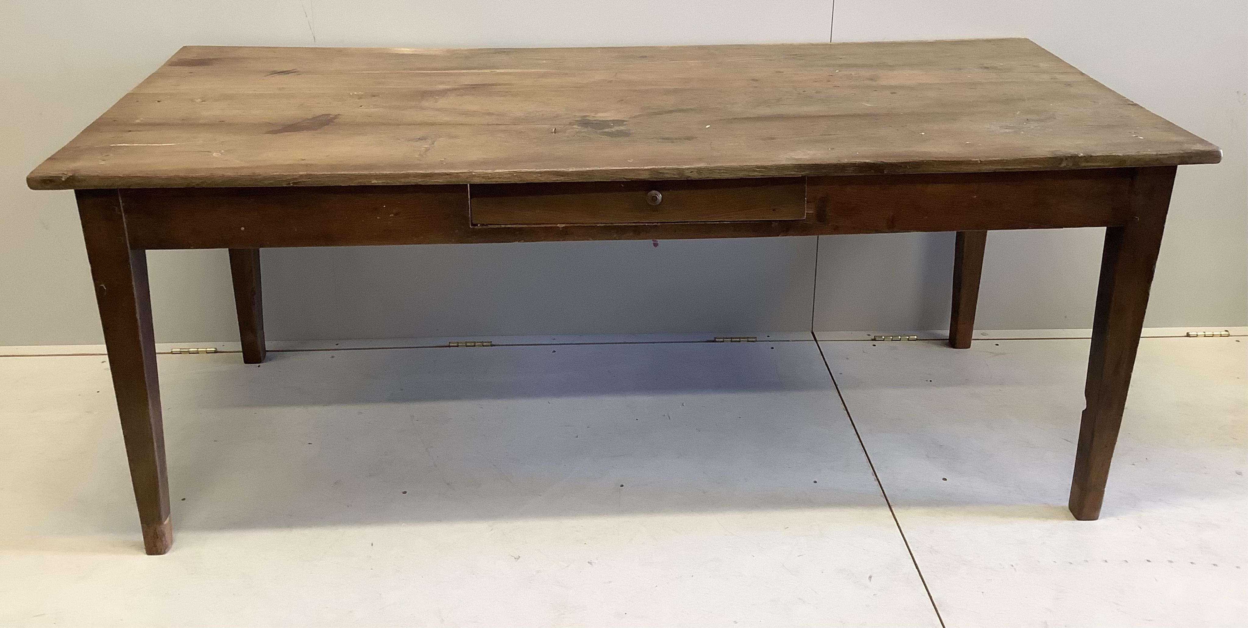 A French farmhouse table with one drawer, width 195cm, depth 84cm, height 77cm
